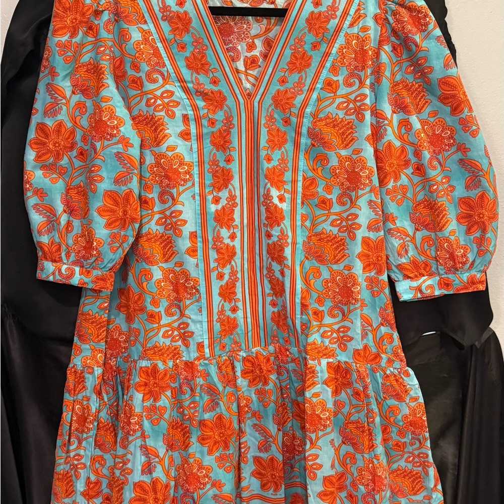 Orange V-Neck Bishop Sleeve Mini Sundress